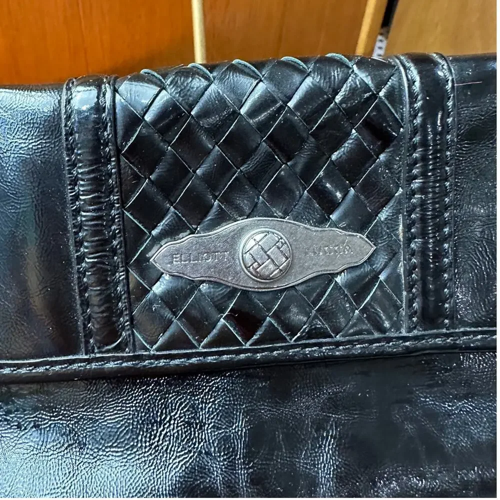 Elliott Lucca Black Patent Leather Clutch with Chain Strap